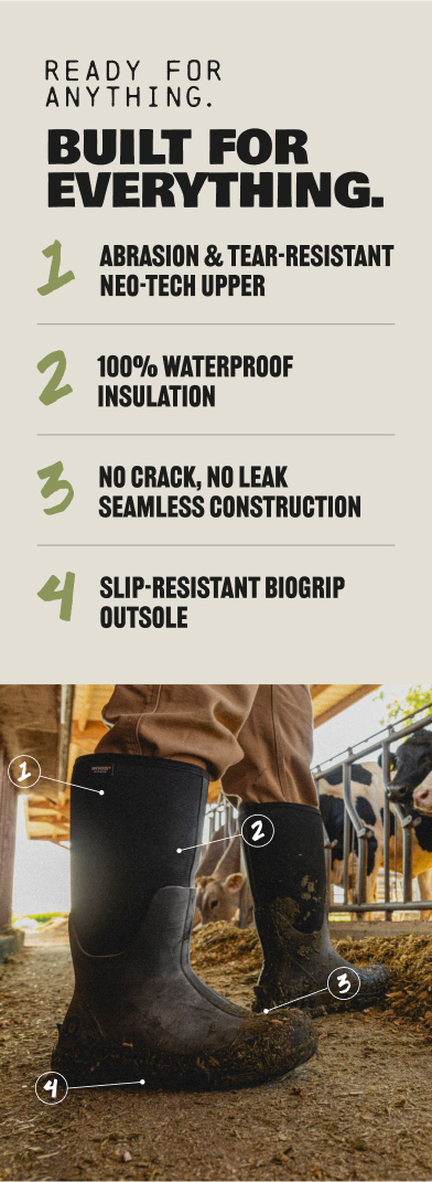 Ready For Anything. Built for Everything. Image features graphic pointing to technology of the Classic Seamless Boot . Abrasion and Tear-Resistant Ylex Upper, 100% Waterproof Insluation, No Crack, No Leak Seamless Construction, and Slip Resistant BioGrip Outsole. 