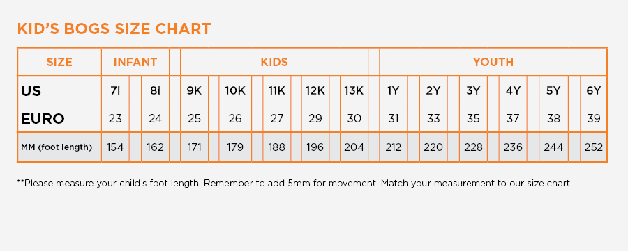 Bogs Youth Size Chart